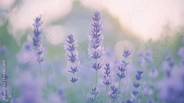 Obraz A serene lavender field bathed in soft pastel hues at sunset.