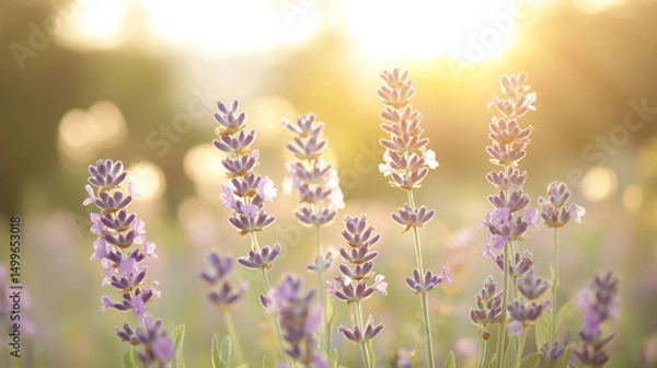 Obraz Lavender flowers in soft focus with warm sunlight in the background.