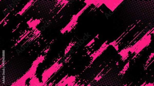 Fototapeta Pink background with diagonal black smudges and pink halftone dots.