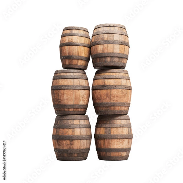 Fototapeta Aged wine barrels stacked together transparent background rustic style studio environment
