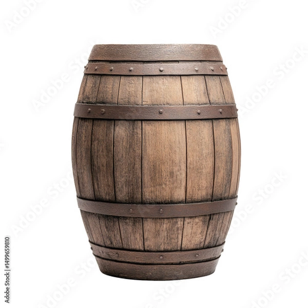Fototapeta Isolated weathered wine barrel on transparent background rustic wood grain detail for creative projects