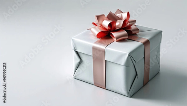 Fototapeta Close up of a white gift box with a pink ribbon and bow on a white surface in a studio shot