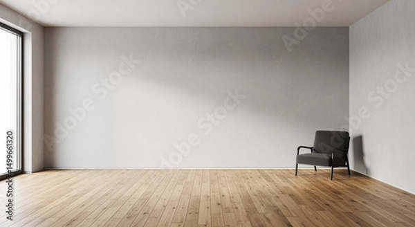 Obraz Modern empty room with dark armchair and wooden floor by large window