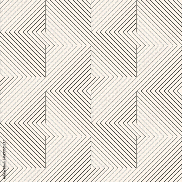 Obraz Geometric lines vector seamless pattern. Subtle minimal vector texture with thin quirky stripes, lines, chevron, zigzag. Abstract black and white graphic background. Linear ornament. Trending design