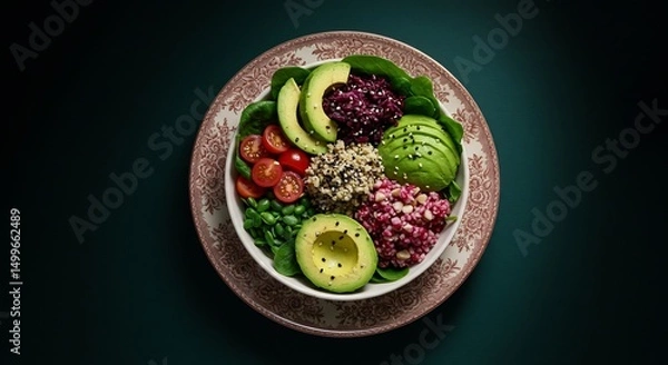 Fototapeta Colorful Vegetarian Quinoa Salad Bowl with Avocado and Tomatoes