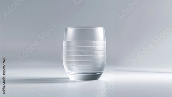 Fototapeta A simple clear glass with horizontal lines sits on a white surface against a neutral gray background