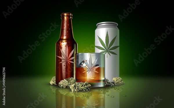 Fototapeta Marijuana infused drink or THC In Drinksas a cannabis beverage resulting as a psychoactive for euphoric effect as a new alternative drink industry with a bottle glass and soda can.