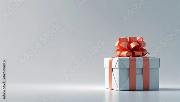 Fototapeta A wrapped gift box with a coral ribbon and bow on a white surface against a light gray background