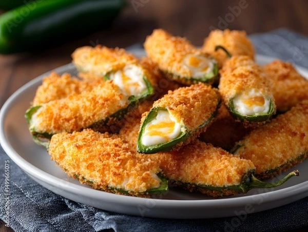 Fototapeta Deliciously crispy stuffed jalapeno poppers served on a plate, perfect for any appetizer or snack.
