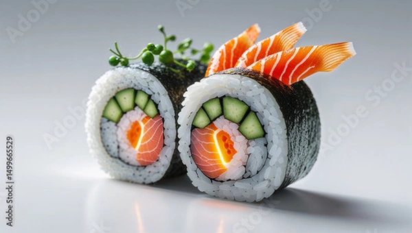 Fototapeta Close up of two sushi rolls with salmon and cucumber on a white surface with a light background