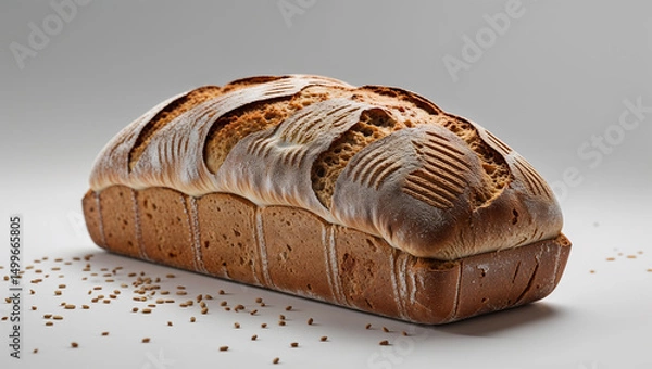 Fototapeta A loaf of golden brown bread with decorative scoring on top sitting on a white surface with seeds