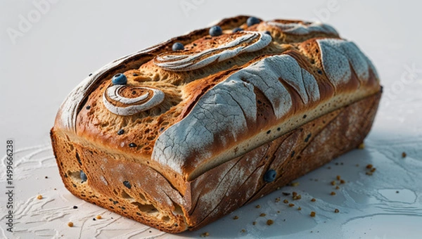 Fototapeta A loaf of artisan bread with blueberries and a decorative crust on a white surface in soft lighting