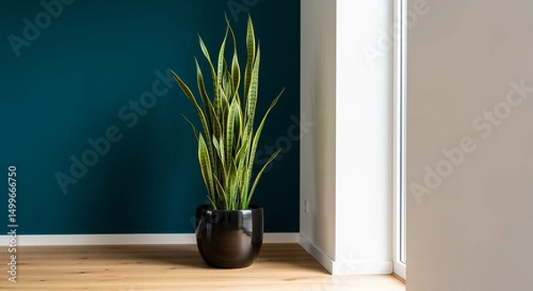 Obraz Tall vibrant green snake plant in a black ceramic pot standing on a light wooden floor against a dark teal wall