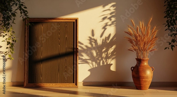 Obraz Wooden frame dried wheat in terracotta vase with shadows