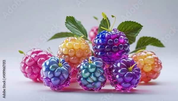 Fototapeta A vibrant array of colorful raspberries with leaves arranged on a plain background in a studio shot