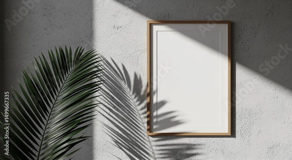 Obraz Vertical wooden framed picture mockup on a textured concrete wall with natural sunlight and palm leaf shadow