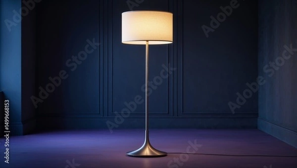 Fototapeta Illuminated floor lamp with a white shade standing in a room with dark blue walls and purple floor