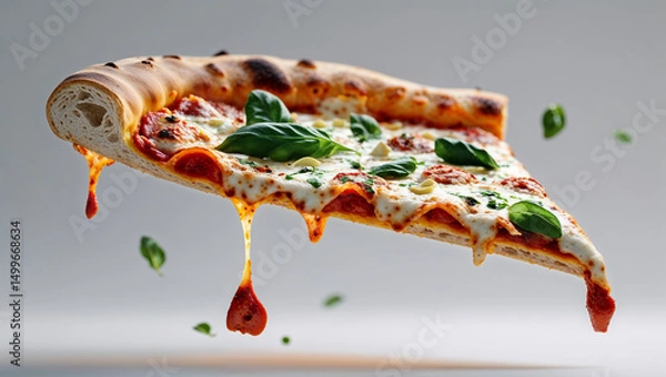 Fototapeta Close up of a pizza slice with melted cheese and basil on a plain background in studio lighting