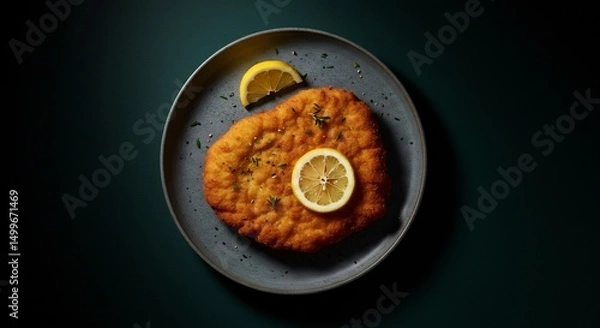 Obraz Crispy Breaded Cutlet with Lemon on Dark Plate
