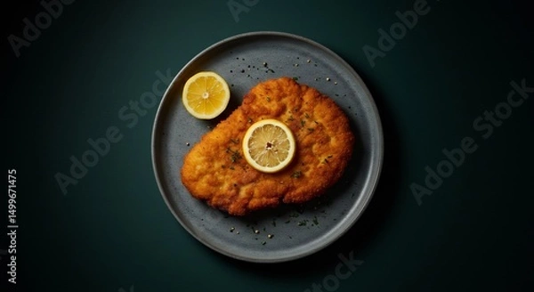 Fototapeta Crispy Breaded Cutlet with Lemon on Grey Plate