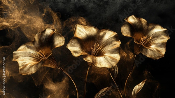 Obraz Golden glowing flowers with elegant petals and smoky background