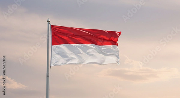 Obraz The Indonesian national flag waving in the morning wind against a calm, pastel-colored sky. No other elements in the scene.