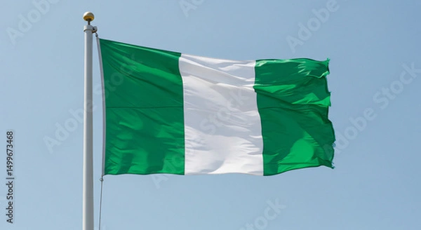 Obraz The Nigerian national flag waving steadily in the early morning breeze, with nothing behind it but a soft, pale blue sky.