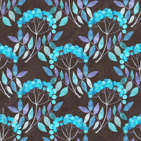 Obraz Pattern with blue rowan branches on brown textured background. Print for women wear, wrapping paper, cosmetics, home textile