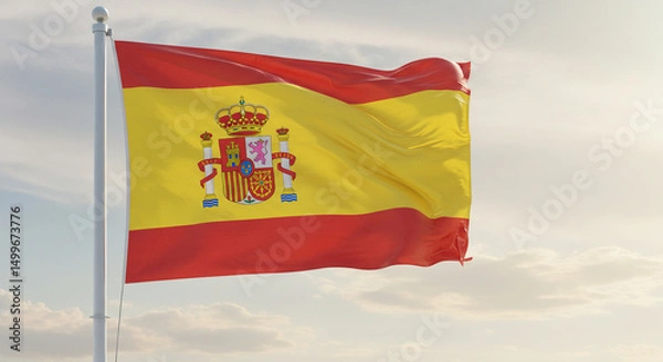 Obraz The national flag of Spain waving in the morning breeze with a clear, pastel-toned sky in the background. Realistic and centered.