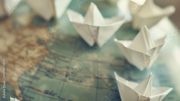 Fototapeta Symbolic globe with tiny paper boats floating towards country border, representing migration, global movement, and international relations concepts.
