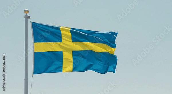 Obraz The Swedish flag waving gently in a cool morning breeze, set against a pale blue sky with no other visual elements.