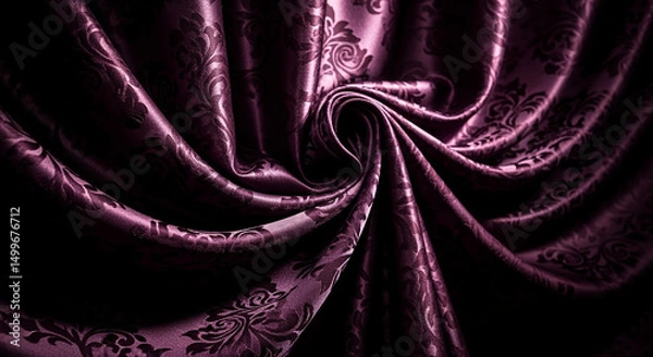 Obraz Luxurious deep purple damask fabric with elegant ornate pattern and flowing satin folds creating a rich textured background