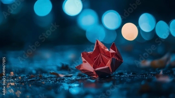 Fototapeta A single red paper flower on the ground with bokeh lights in the background