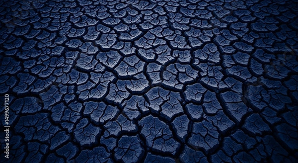 Obraz Cracked dry earth texture in dark blue showing severe drought conditions and environmental impact