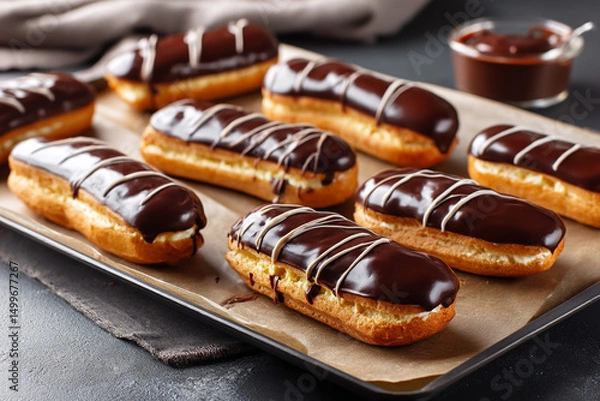 Obraz Classic eclairs with glossy chocolate glaze neatly laid out on a baking sheet with baking paper