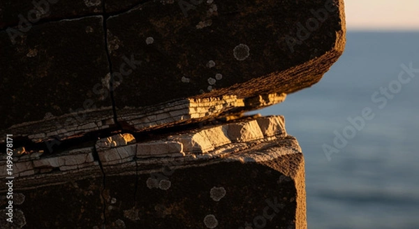 Obraz Sunlit layered rock with crack and ocean