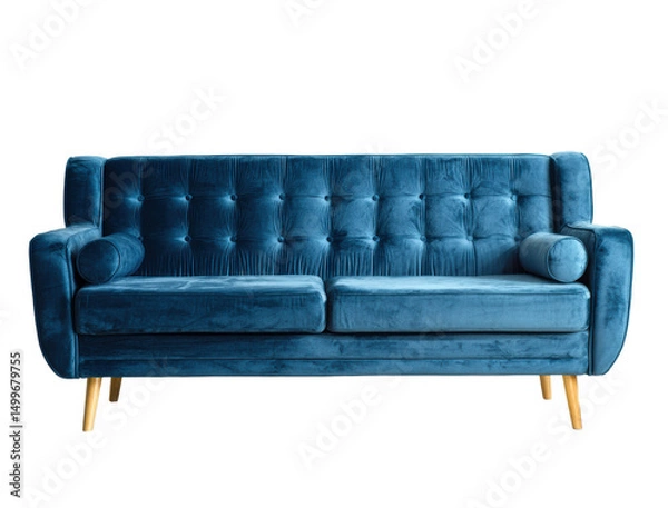 Fototapeta Cozy blue tufted sofa for interior design and decor on a transparent background, cut out