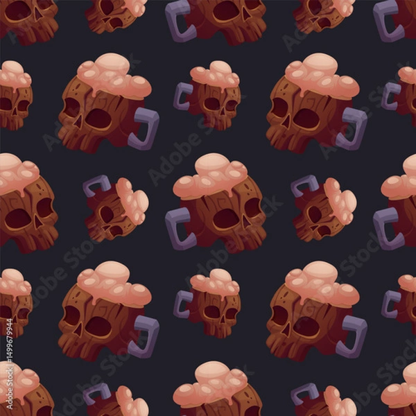 Fototapeta Seamless pattern of cartoon beer mugs shaped like skulls with foam on top. Perfect for fantasy games, party themes, tavern decor, and Halloween style designs