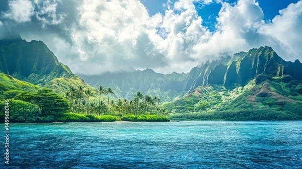 Fototapeta Lush green mountains and palm trees on a tropical coastline