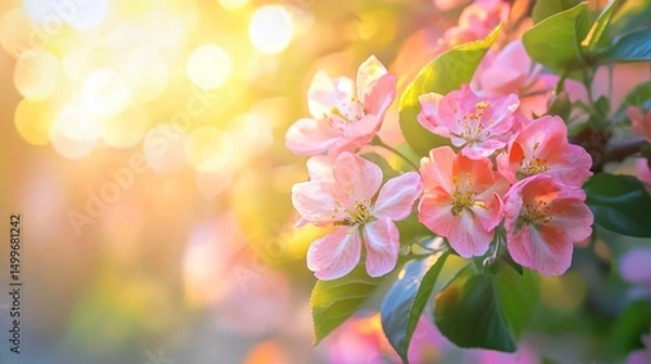 Fototapeta Spring flowers in sunlight with vibrant bokeh background