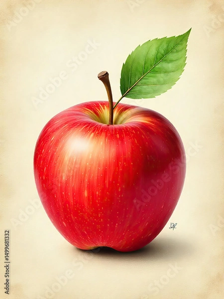 Fototapeta A Vibrant and Delicious Red Apple with a Green Leaf