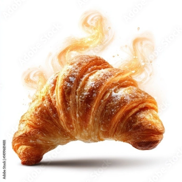 Fototapeta Delicious Golden Croissant Pastry with Powdered Sugar and Whimsical Flour Dust Effect