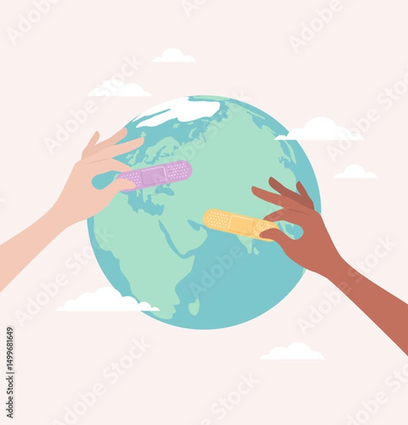 Fototapeta Two hands of people of different skin tones sticking medical plasters on the Earth globe. Flat vector illustration