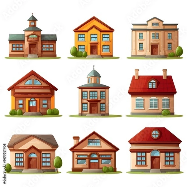 Obraz Collection of Diverse School Building Illustrations for Educational Projects and Design Work