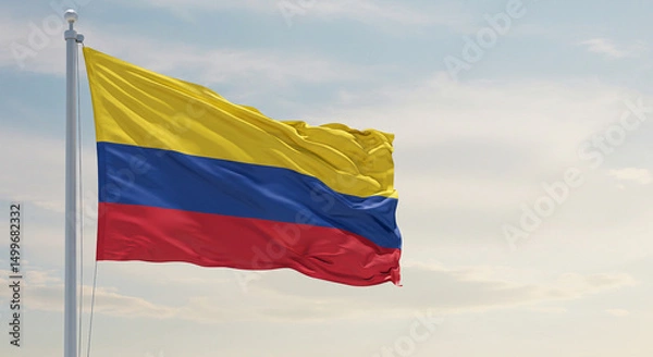 Obraz The Colombian national flag waving with vibrancy in the light morning wind, shown against a clean, pastel-toned sky.
