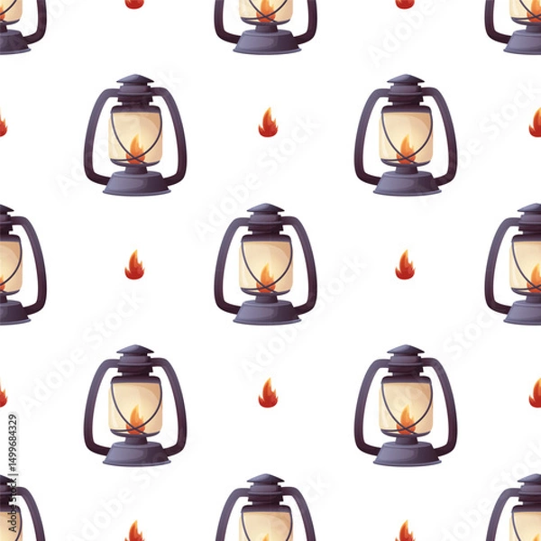 Fototapeta Seamless pattern with camping lanterns and small flames on a white background
