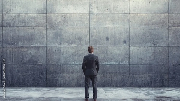 Fototapeta Businessman standing in front of a concrete wall viewed from behind