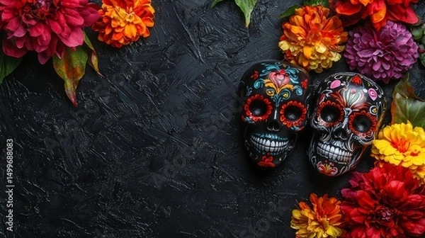 Fototapeta Day of the Dead background with colorful sugar skulls and vibrant flowers on black textured surface