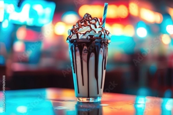 Fototapeta Delicious chocolate drizzled milkshake with whipped cream in a glass