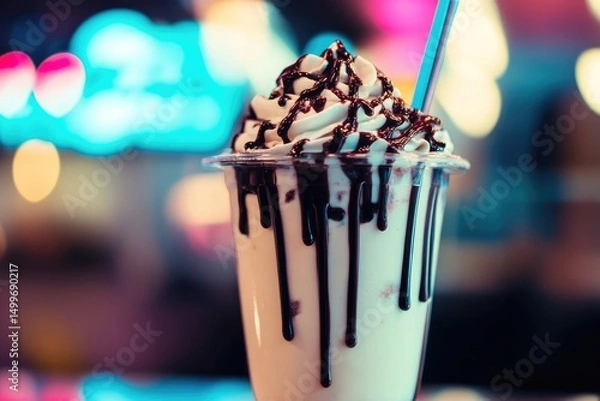 Fototapeta Delicious chocolate drizzled milkshake with whipped cream